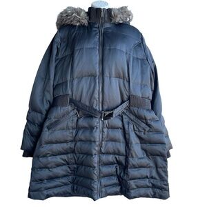 DKNY Puffer Hooded Jacket Plus 1X Gray Buckle Clasp Belt Cozy Fleece Lined